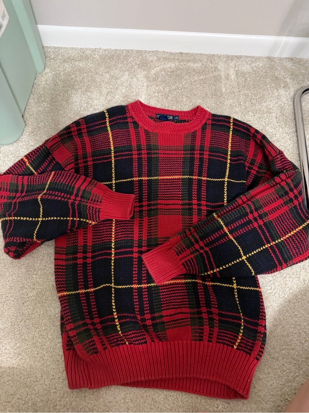 Vintage Knit Nautica Red, Black & Gold Plaid Crewneck Sweater
